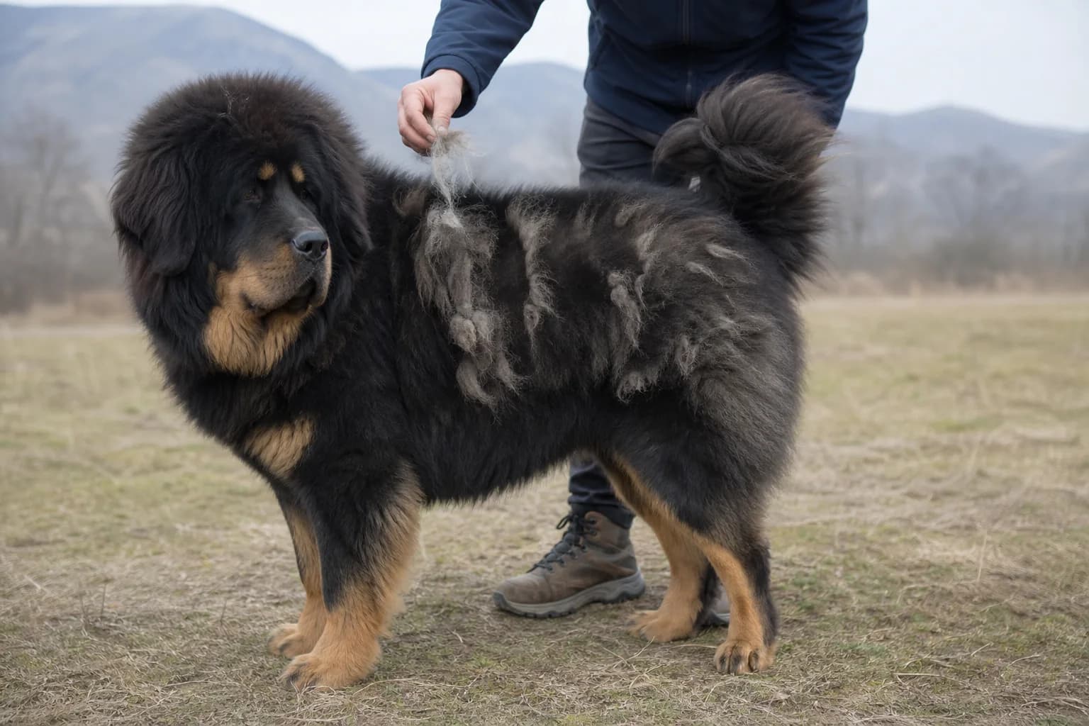 Owner lifting loose seasonal undercoat from the flank of a Tibetan Mastiff