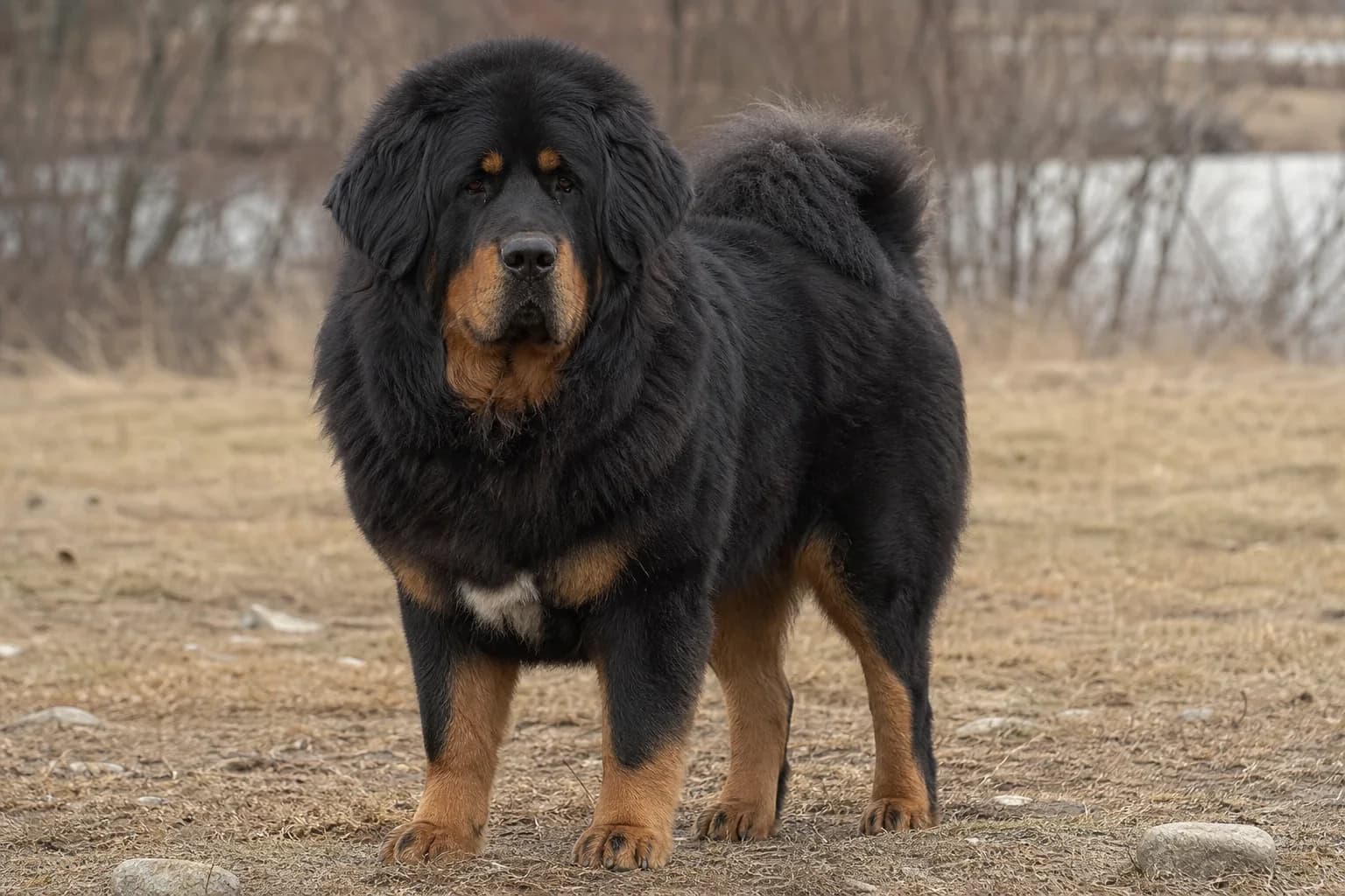 Black-and-tan Tibetan Mastiff with a small white patch centered on the chest