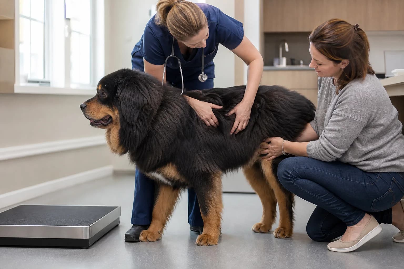 Veterinarian and owner assessing a Tibetan Mastiff's body condition beside a floor scale