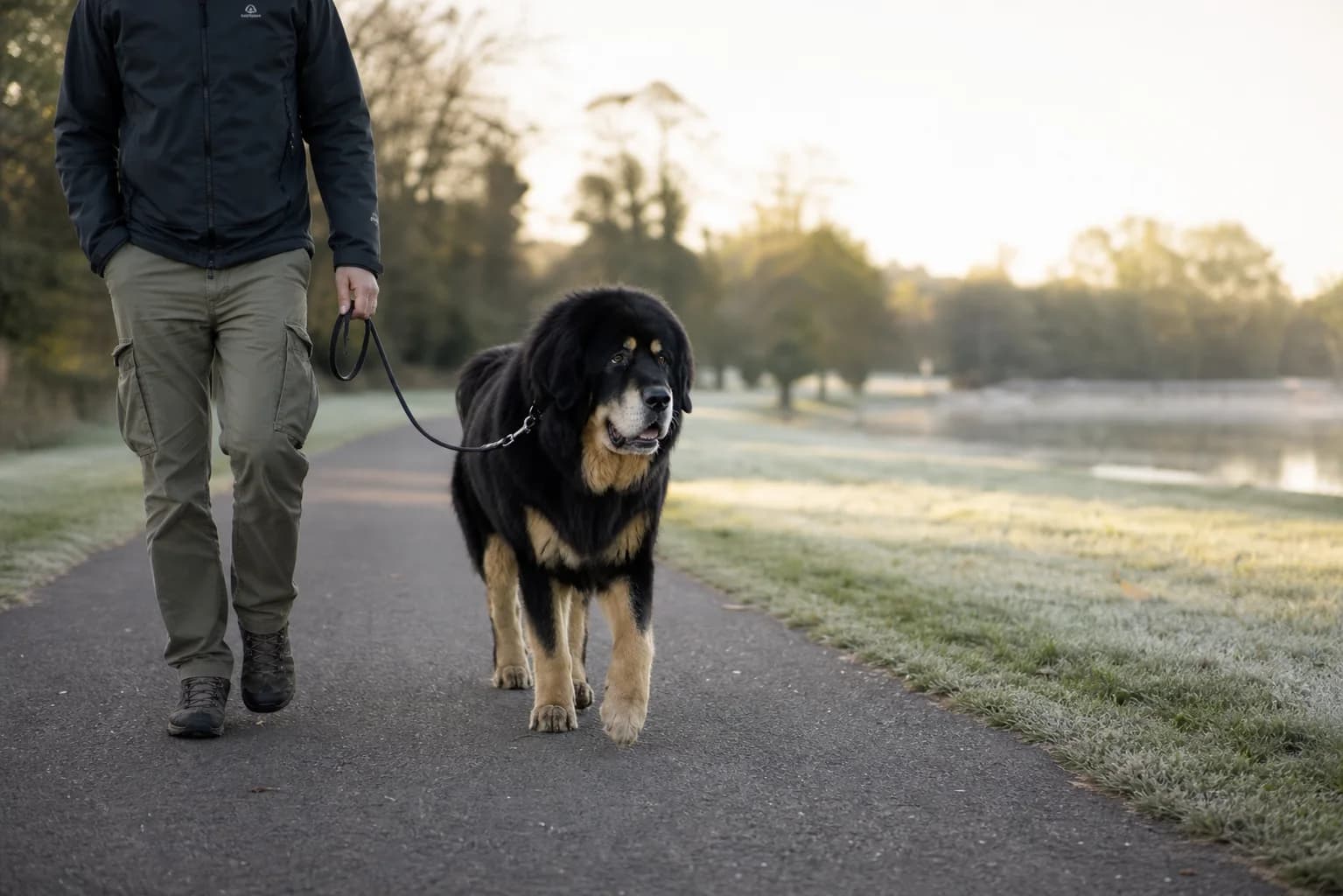 Senior Tibetan Mastiff with a gray muzzle walking beside its owner on a level path