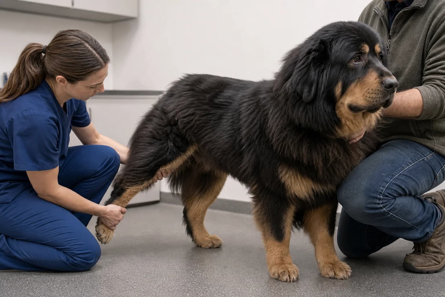 Veterinarian gently examining the rear leg of a standing Tibetan Mastiff