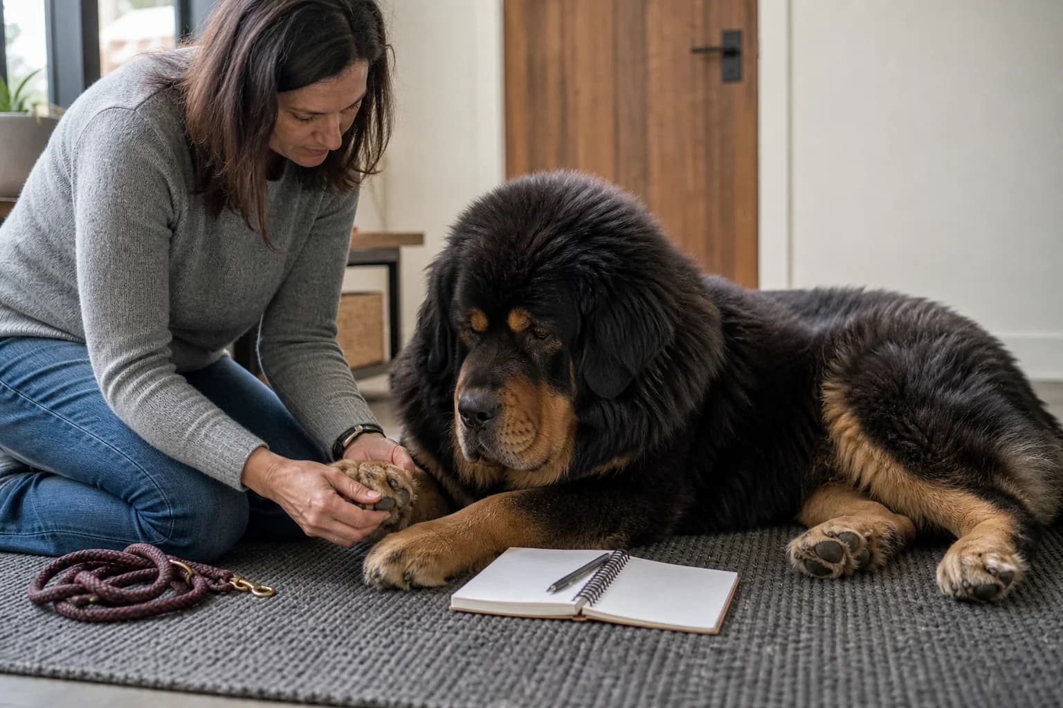 Owner checking the paw and mobility of a relaxed senior Tibetan Mastiff on a nonslip rug