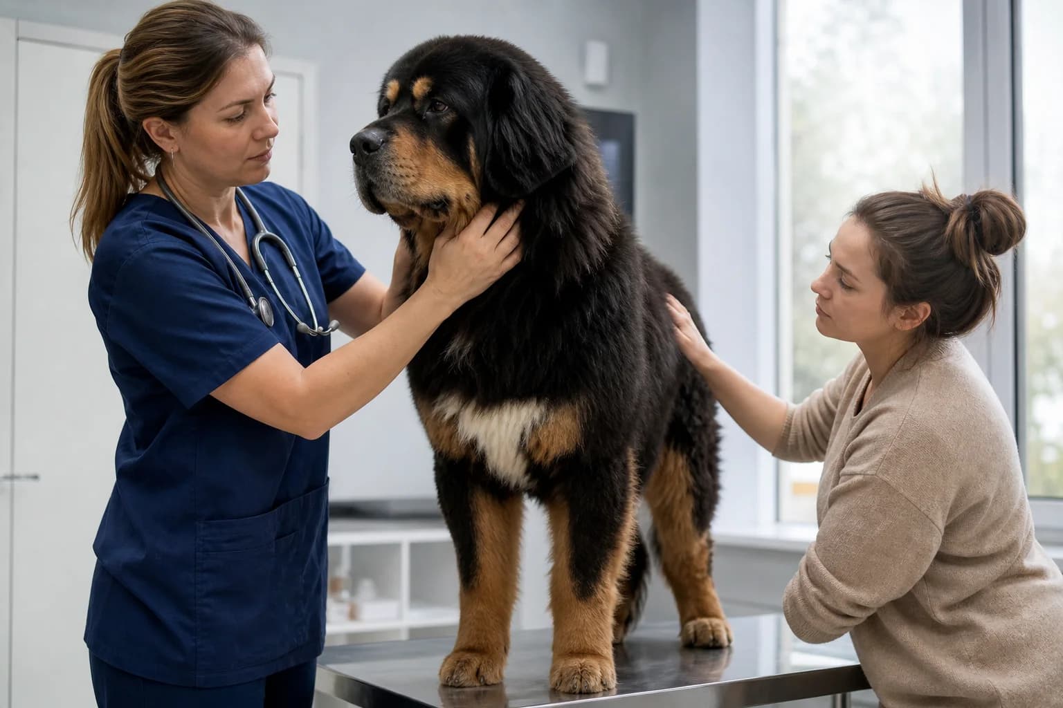 Veterinarian examining the neck and coat of a Tibetan Mastiff while the owner observes