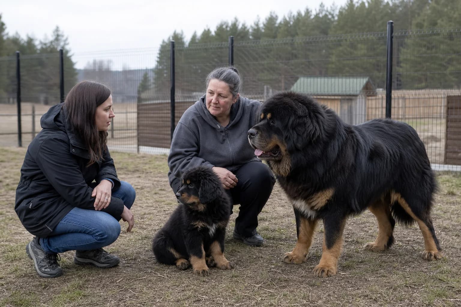 Prospective owner meeting a breeder with an adult Tibetan Mastiff and puppy inside a secure property