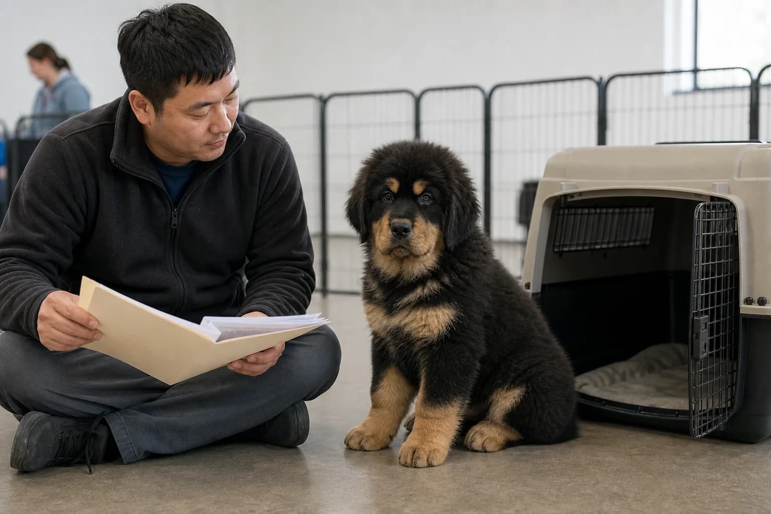 Tibetan Mastiff puppy beside an owner reviewing a folder near an open travel crate