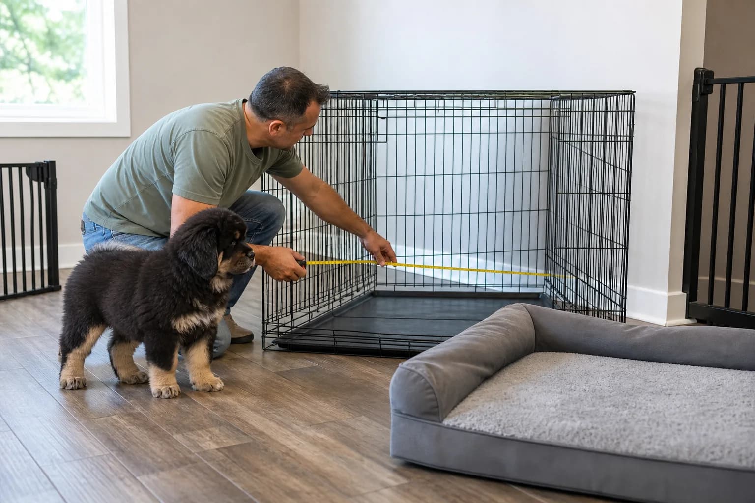 Owner measuring a large wire crate while a Tibetan Mastiff puppy watches