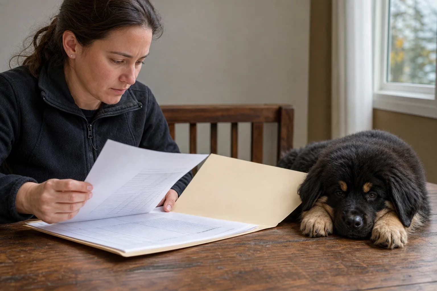 Owner reviewing health-screening paperwork while a Tibetan Mastiff puppy rests beside the folder
