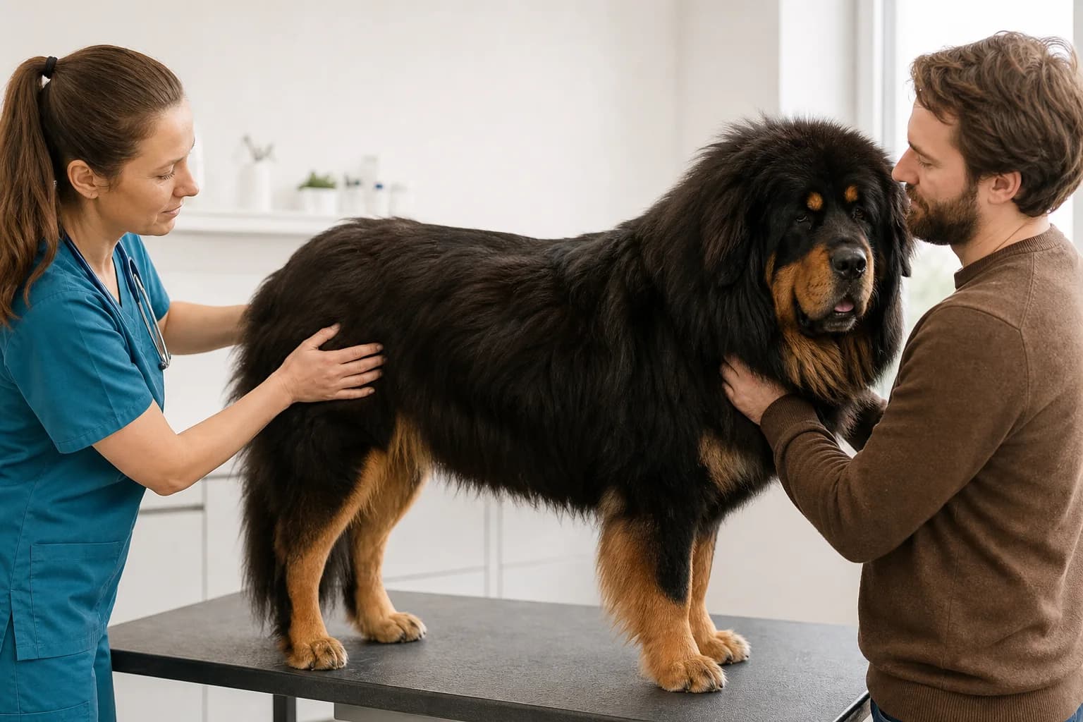 Veterinarian and owner checking a Tibetan Mastiff's ribs and waist in an exam room