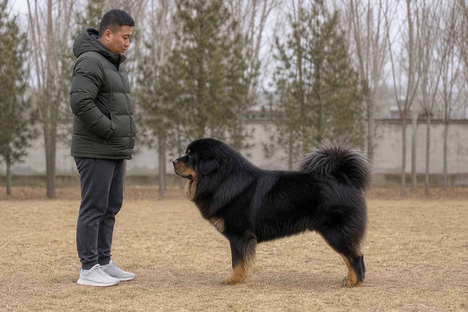 Adult Tibetan Mastiff standing in side profile beside an average-height owner