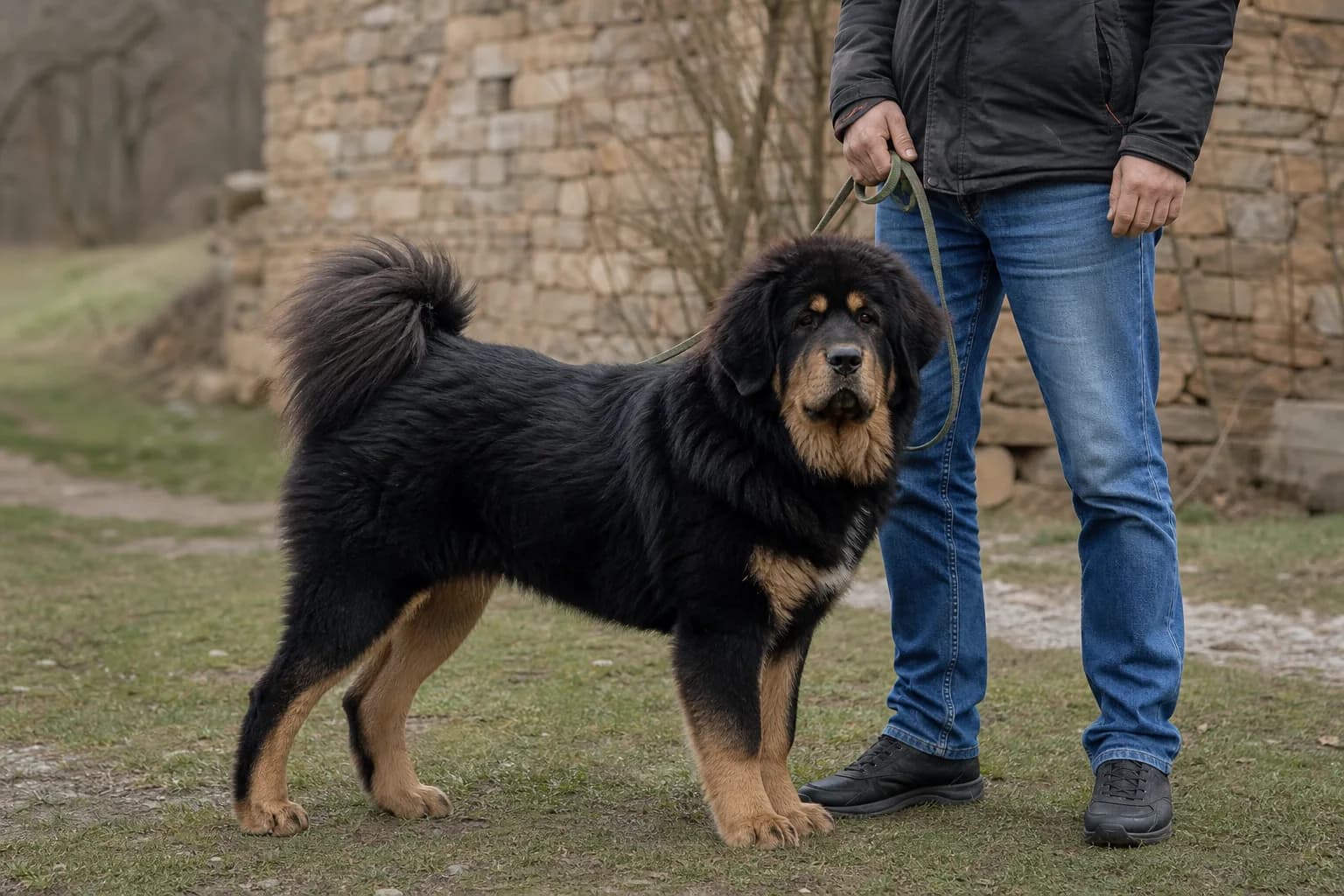 Adolescent Tibetan Mastiff standing beside its owner with a healthy, still-developing frame