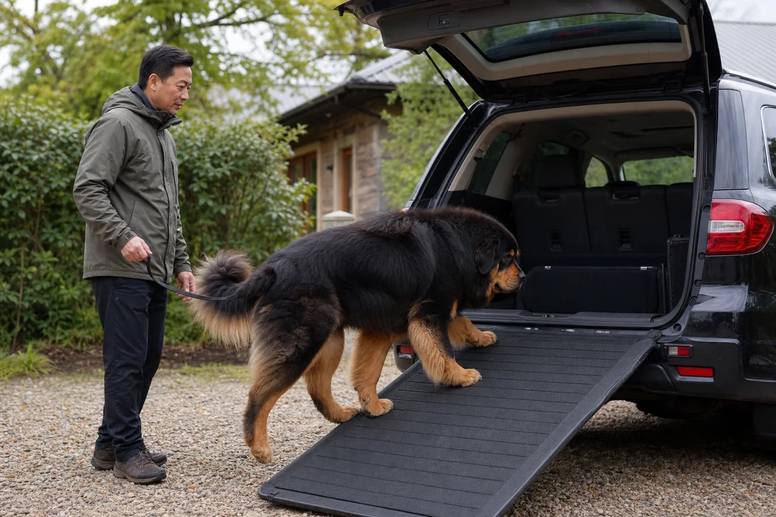 Tibetan Mastiff walking up a nonslip ramp into the cargo area of a large SUV