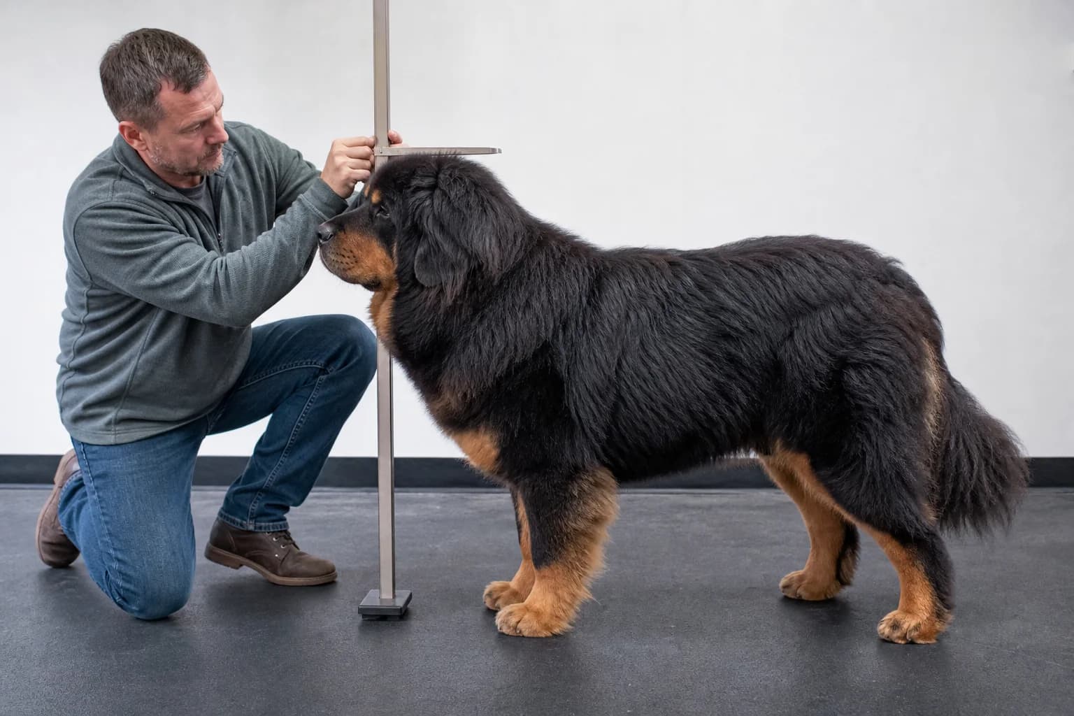 Owner measuring a standing Tibetan Mastiff at the withers on level flooring