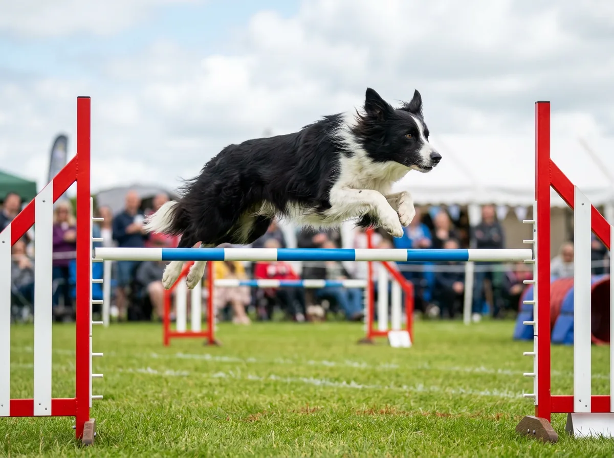 a black and white Border Collie clearing a striped agility jump bar in mid-air, ears pinned back, on a green competition field