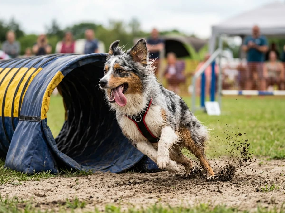 a blue merle Australian Shepherd racing out of a fabric agility tunnel, tongue out, ears flying, dirt kicking up behind it