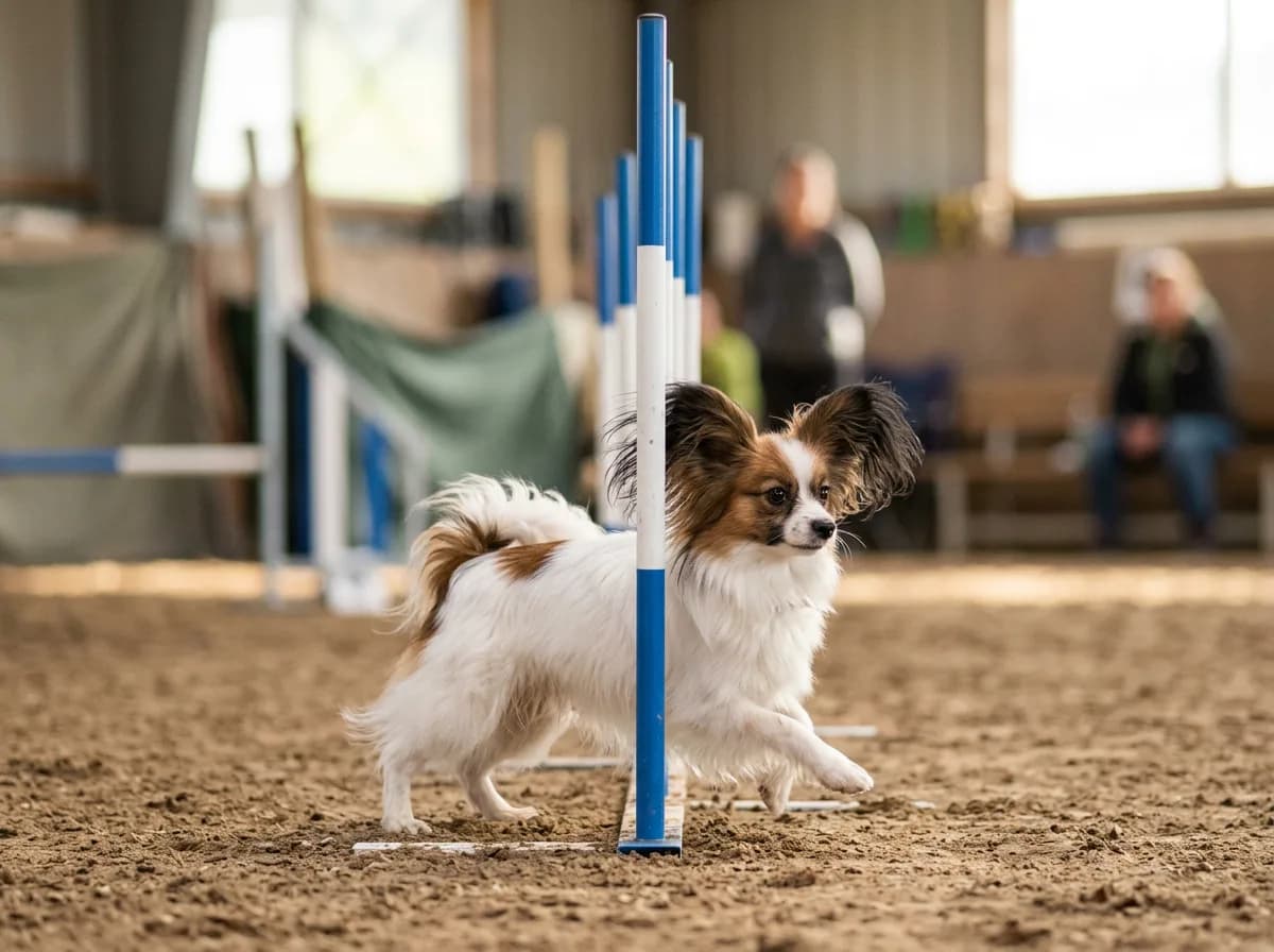 a small white and sable Papillon with large fringed ears weaving between blue agility poles, focused expression, indoor training arena