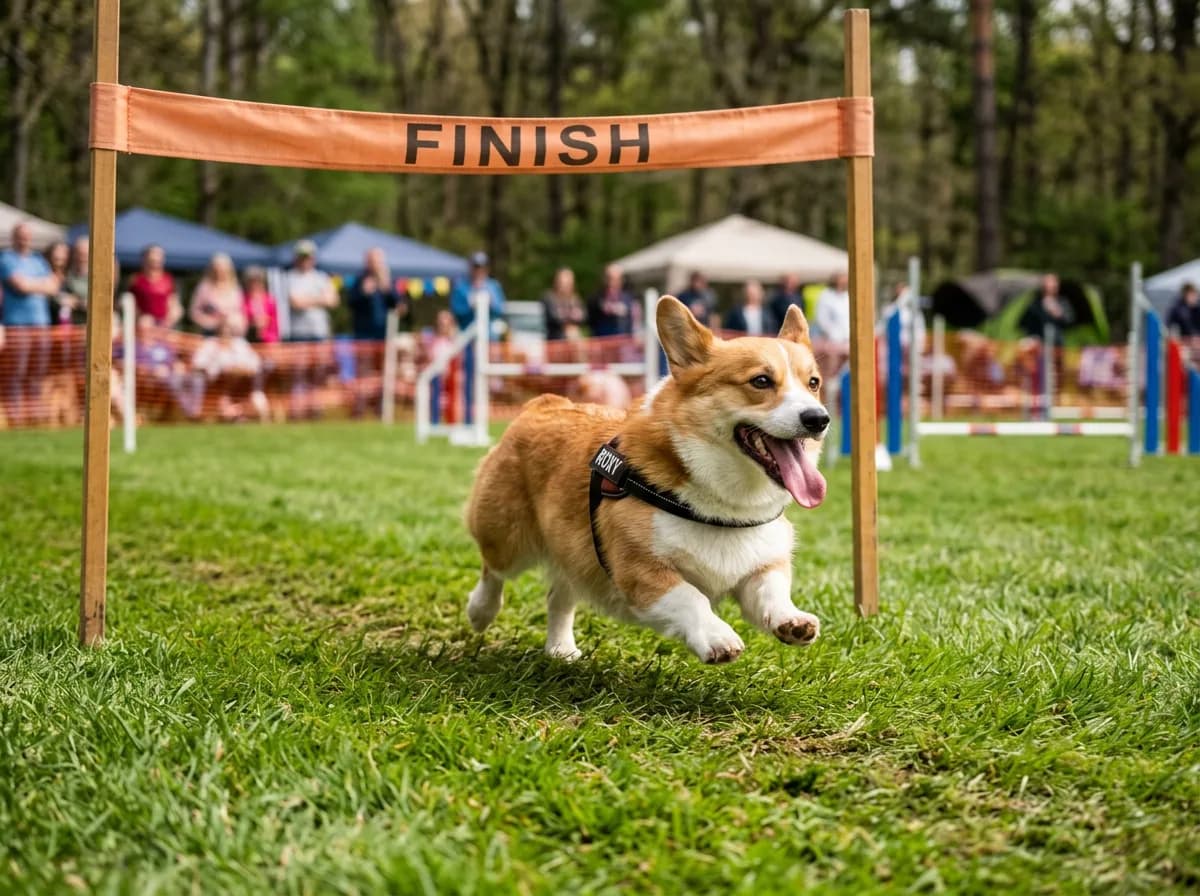 a red and white Pembroke Welsh Corgi sprinting across the finish of an agility course, short legs blurred with motion, tongue out, outdoor grass ring