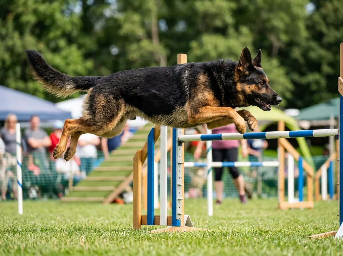 a black and tan German Shepherd leaping over a tall agility jump, powerful hindquarters extended, focused eyes forward, sunny outdoor course