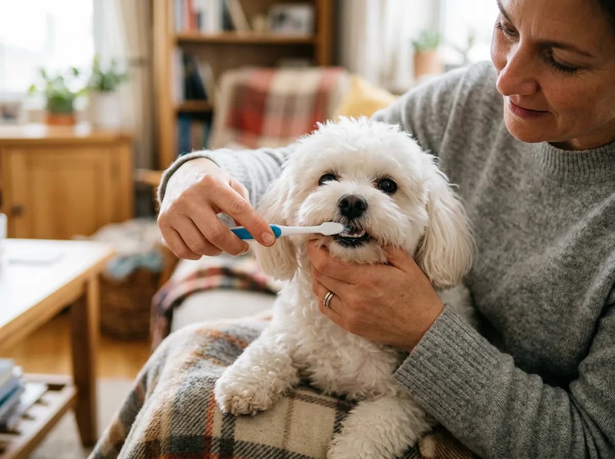 Person brushing a small white dog's teeth with a pet toothbrush