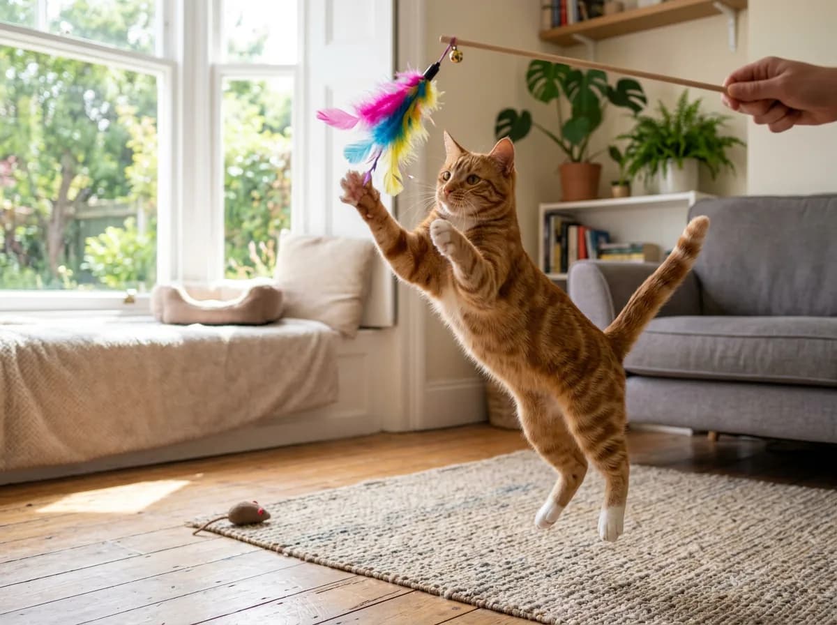 Orange tabby cat playing with a feather wand toy near a window perch