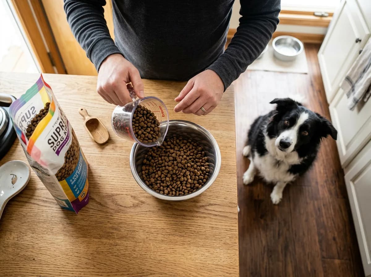 Owner measuring kibble with a measuring cup while a border collie waits, avoiding overfeeding