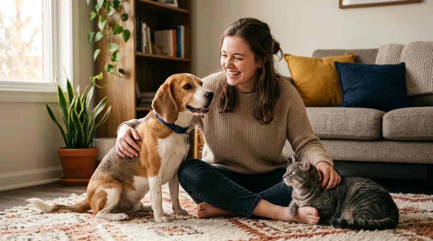Pet owner sitting between a beagle and a gray tabby cat, avoiding common pet owner mistakes