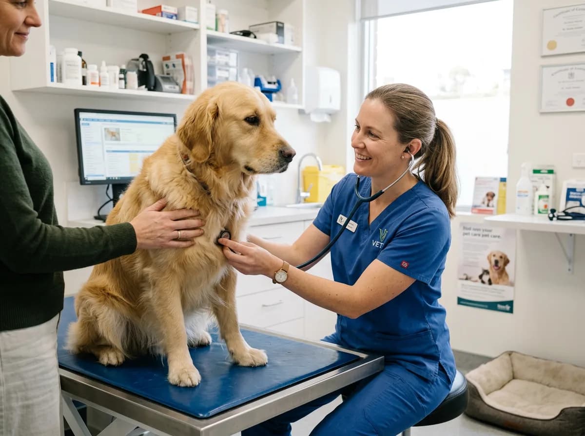 Veterinarian examining a calm golden retriever during a routine wellness checkup