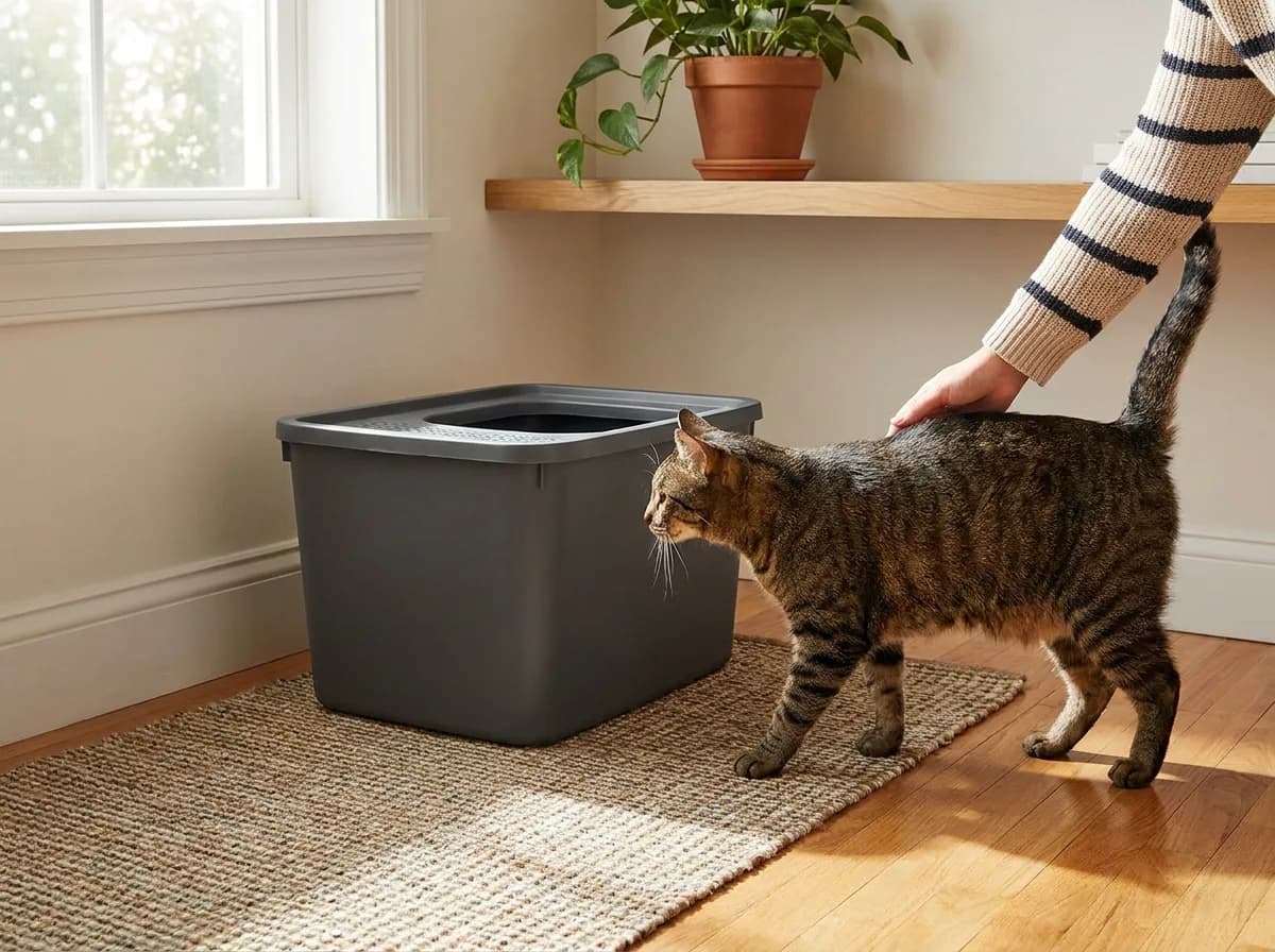 Tabby cat approaching a top-entry litter box beside a bright window.