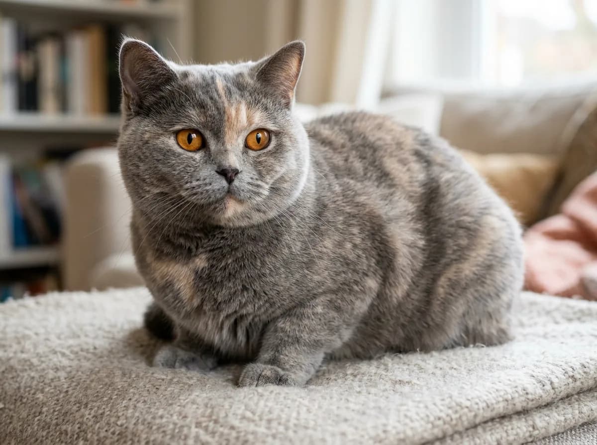 A photoreal plush British Shorthair tortoiseshell cat with a dense blue-cream dilute coat, round face, and copper eyes