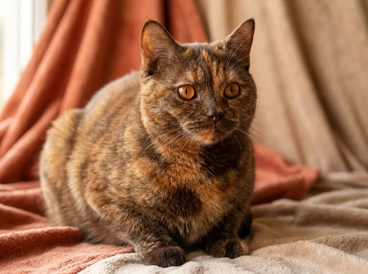 A photoreal tortoiseshell cat with warm chocolate-brown and orange patches instead of black, showing the brown-based tortie variation