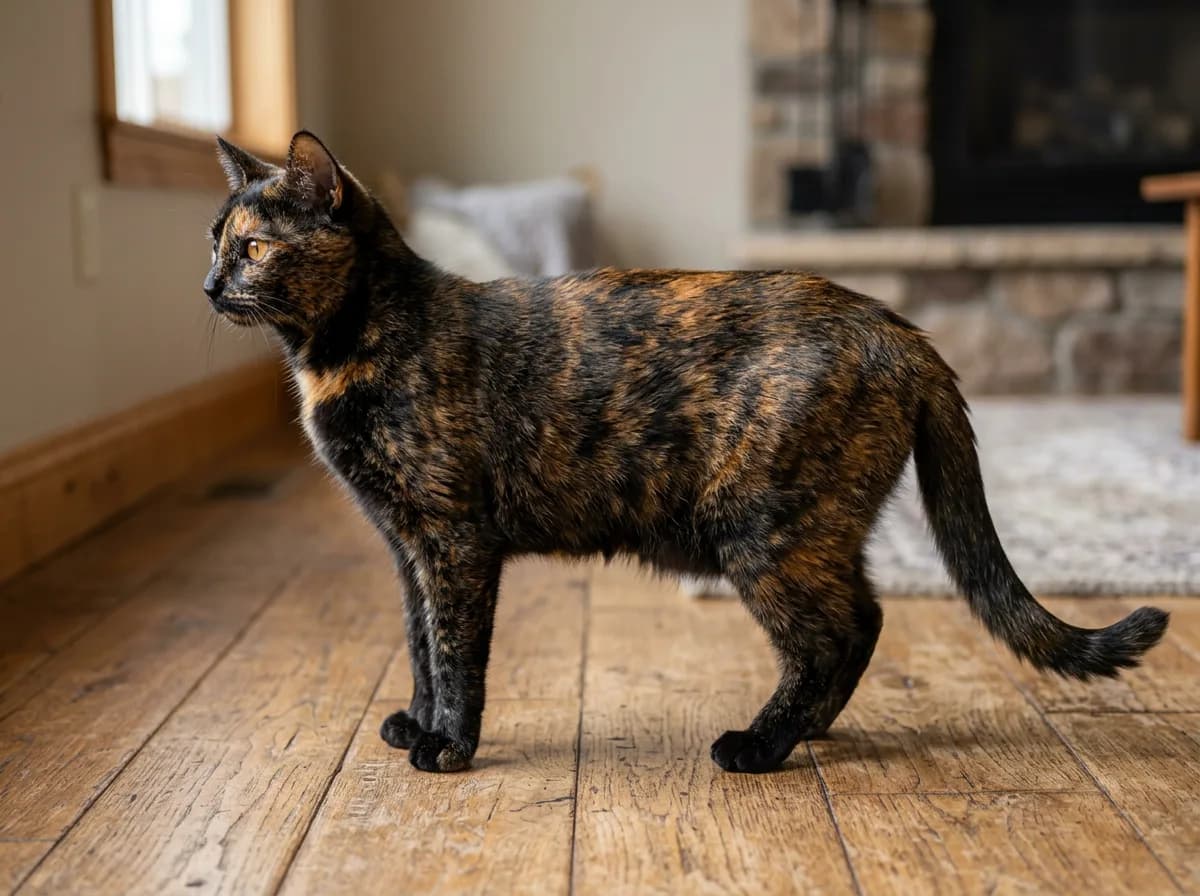 A photoreal short-haired classic tortoiseshell cat with a brindled coat of deep black and rich orange patches interwoven across the body, no white