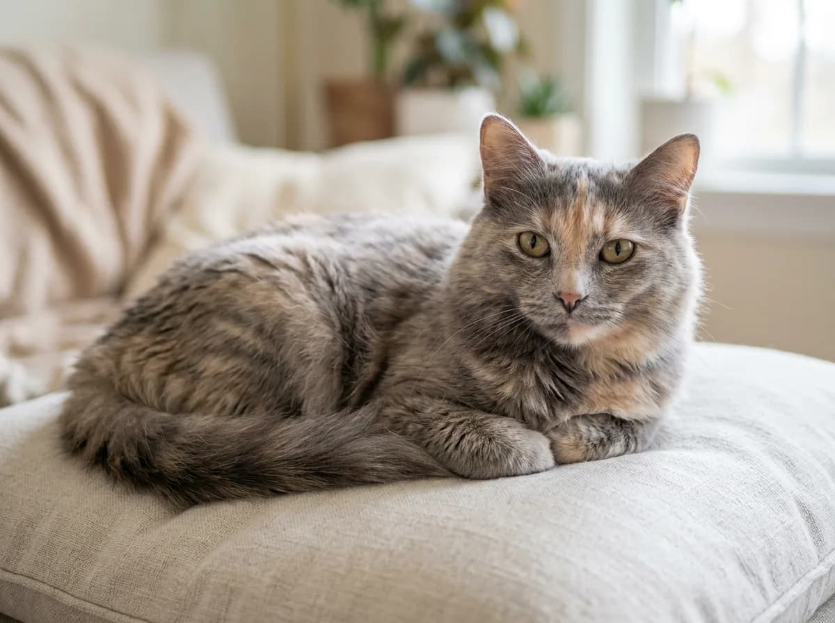 A photoreal dilute tortoiseshell cat with soft blue-gray and cream brindled fur, the muted pastel version of the classic tortie pattern