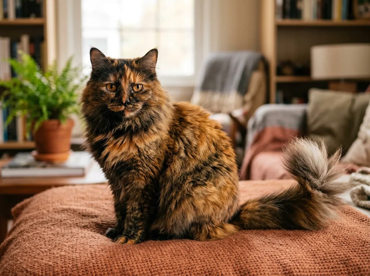 A photoreal long-haired tortoiseshell cat with flowing black and orange fur and a plush tail, resembling a Maine Coon or Persian coat length