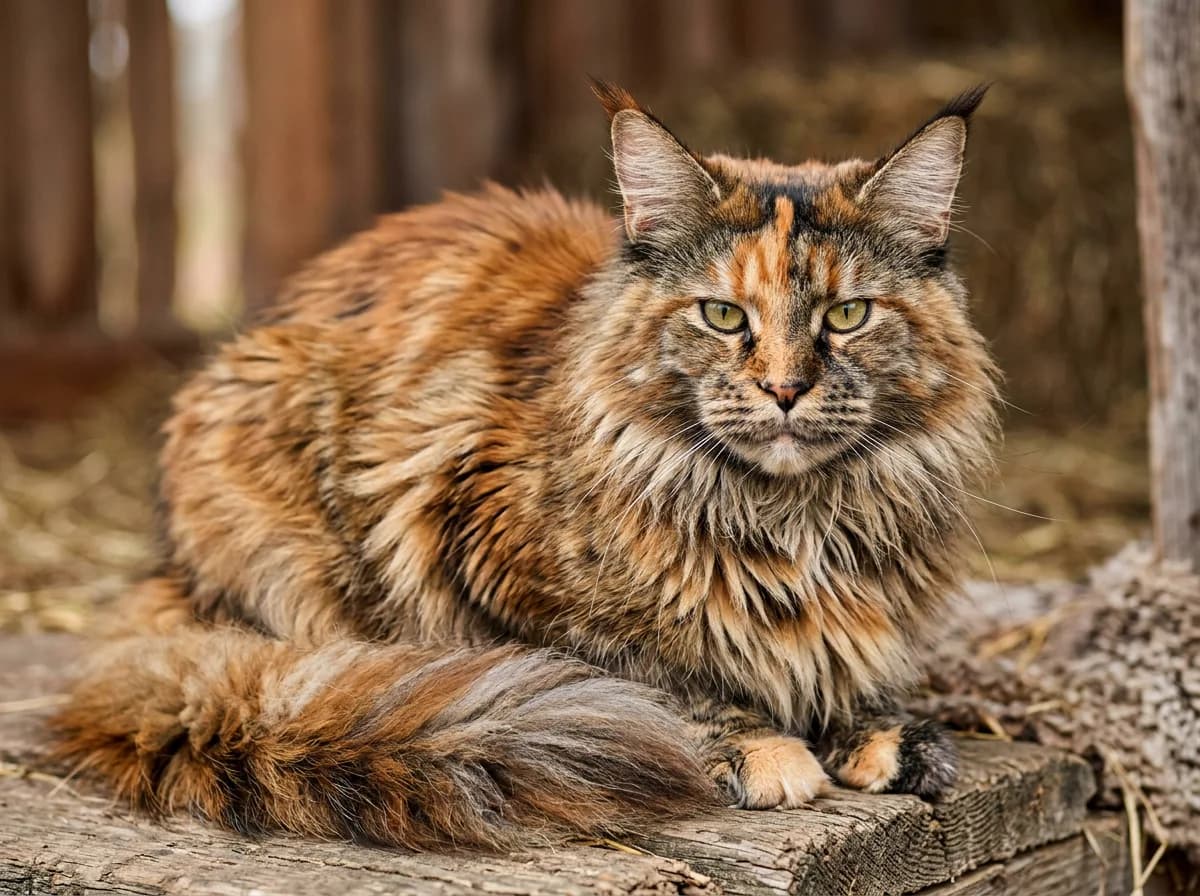 A photoreal large long-haired Maine Coon tortoiseshell cat with lynx-tipped ears, a flowing brindled black-and-orange coat, and a bushy tail