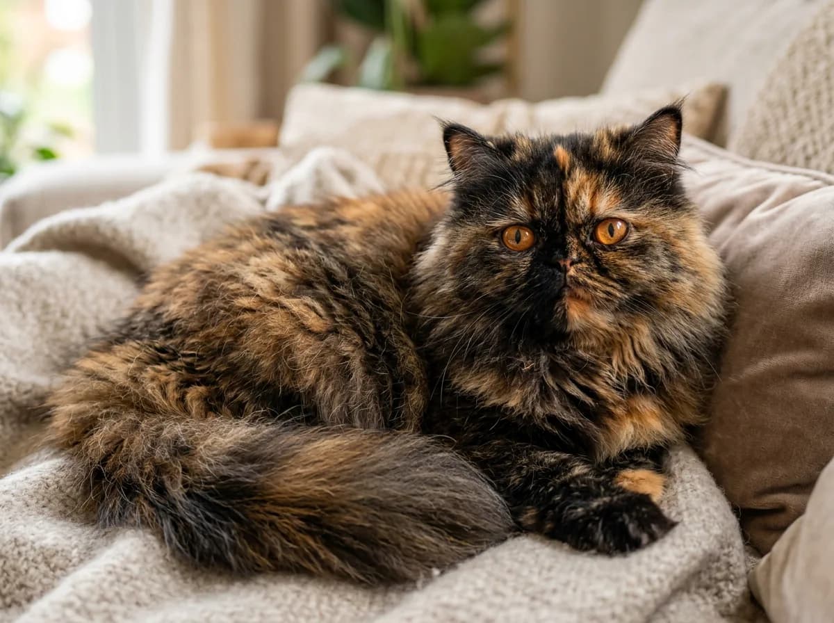 A photoreal long-haired Persian tortoiseshell cat with a flat face, dense brindled black-and-orange coat, and round copper eyes