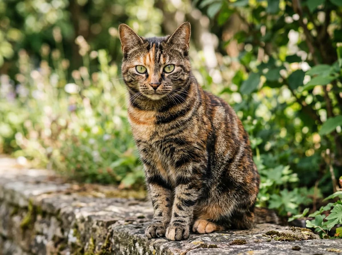 A photoreal torbie cat showing tortoiseshell coloring with visible tabby stripes and swirls running through the orange and black patches