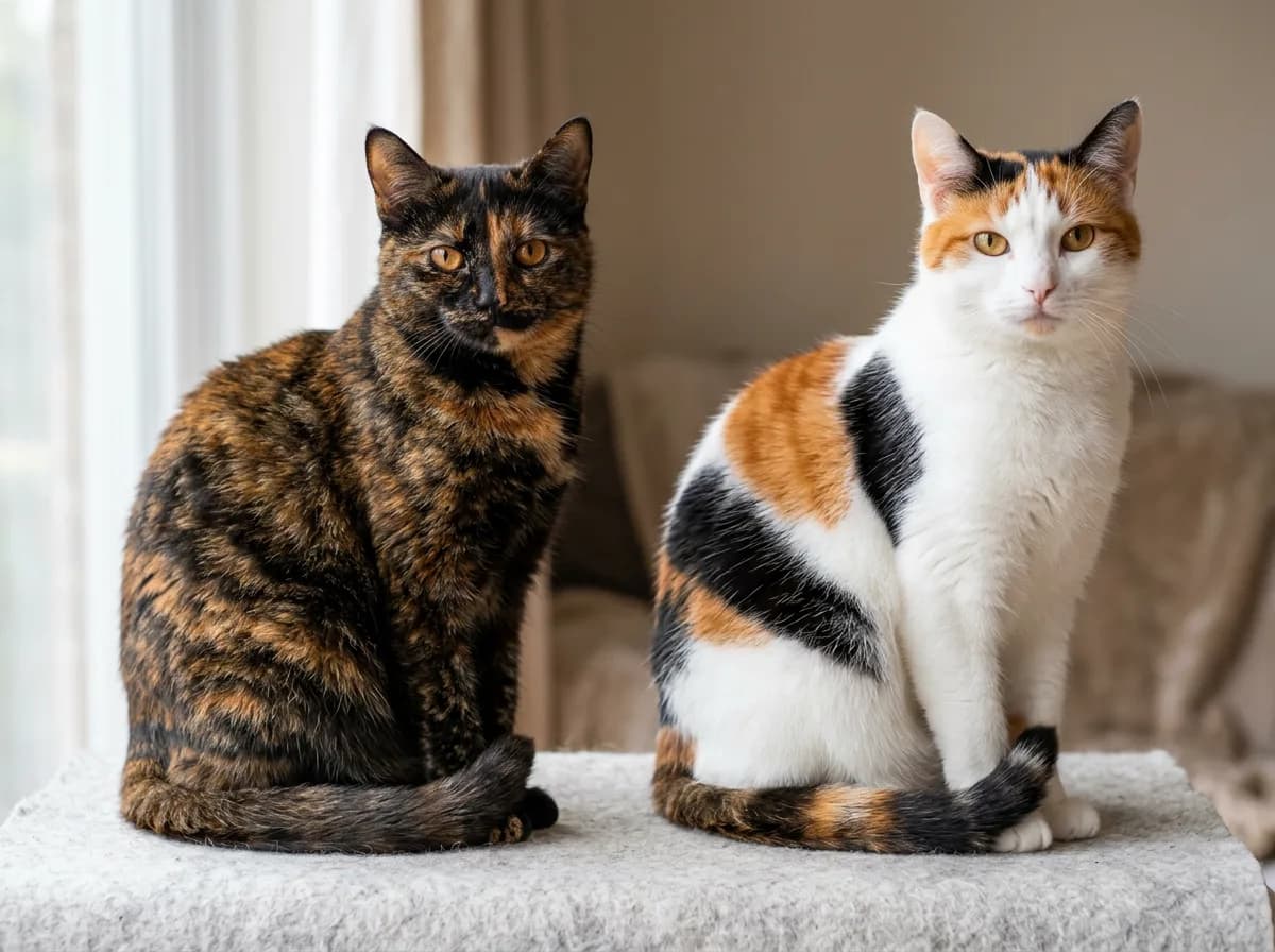 A photoreal side-by-side of a brindled tortoiseshell cat next to a calico cat with separate orange, black, and white patches, contrasting the two patterns