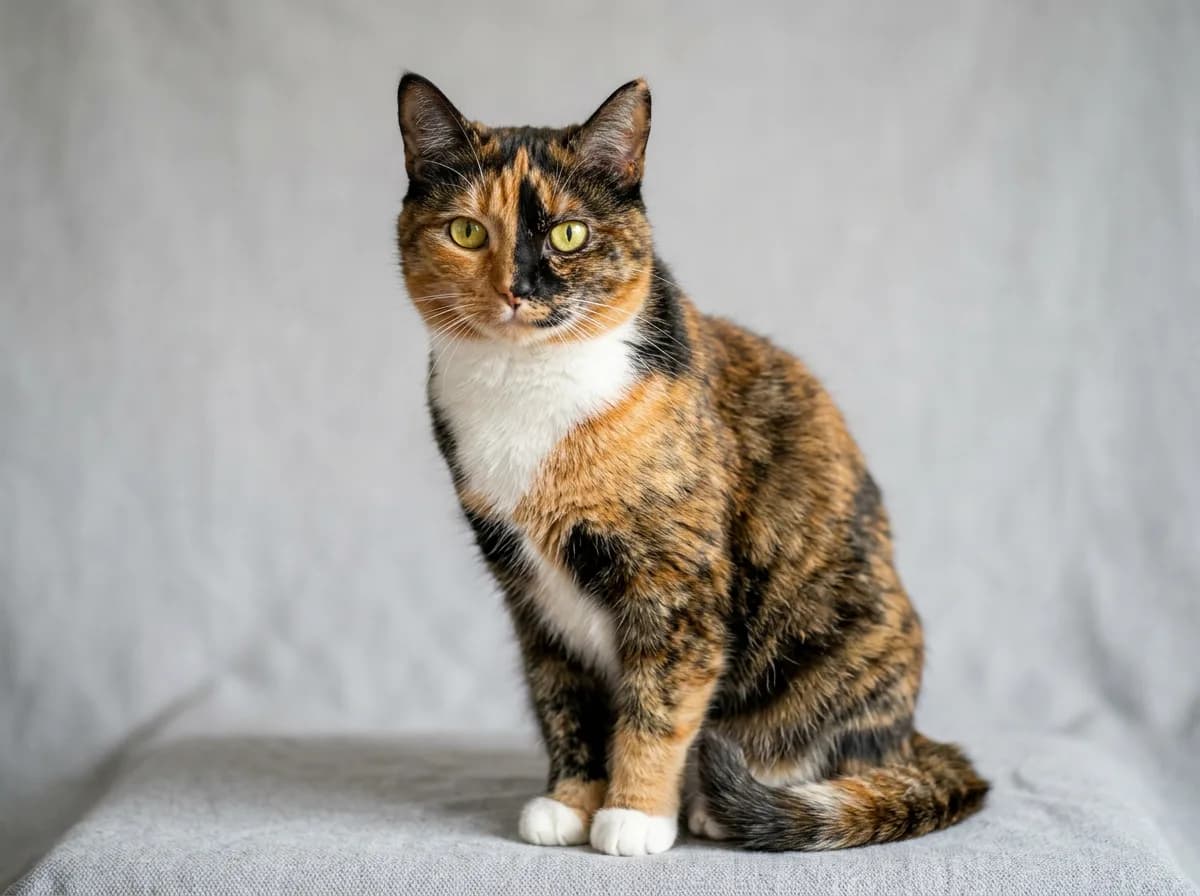 A photoreal tortoiseshell-and-white cat with brindled orange and black coloring plus a white chest and white paws, more white than a classic tortie