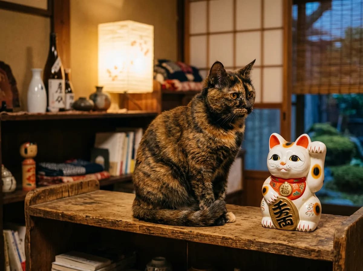 A photoreal warm portrait of a tortoiseshell cat sitting beside a Japanese maneki-neko beckoning cat figurine, evoking good-luck folklore