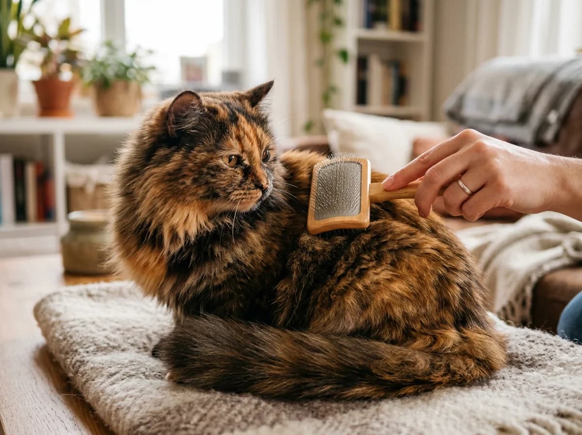 A photoreal long-haired tortoiseshell cat being gently brushed, its plush black-and-orange coat well-groomed and glossy