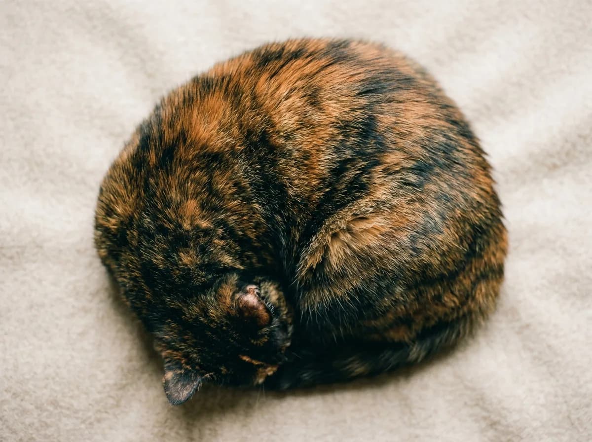 A photoreal tortoiseshell cat photographed from above showing the random patchwork of orange and black fur across its back, illustrating the mosaic from X-inactivation