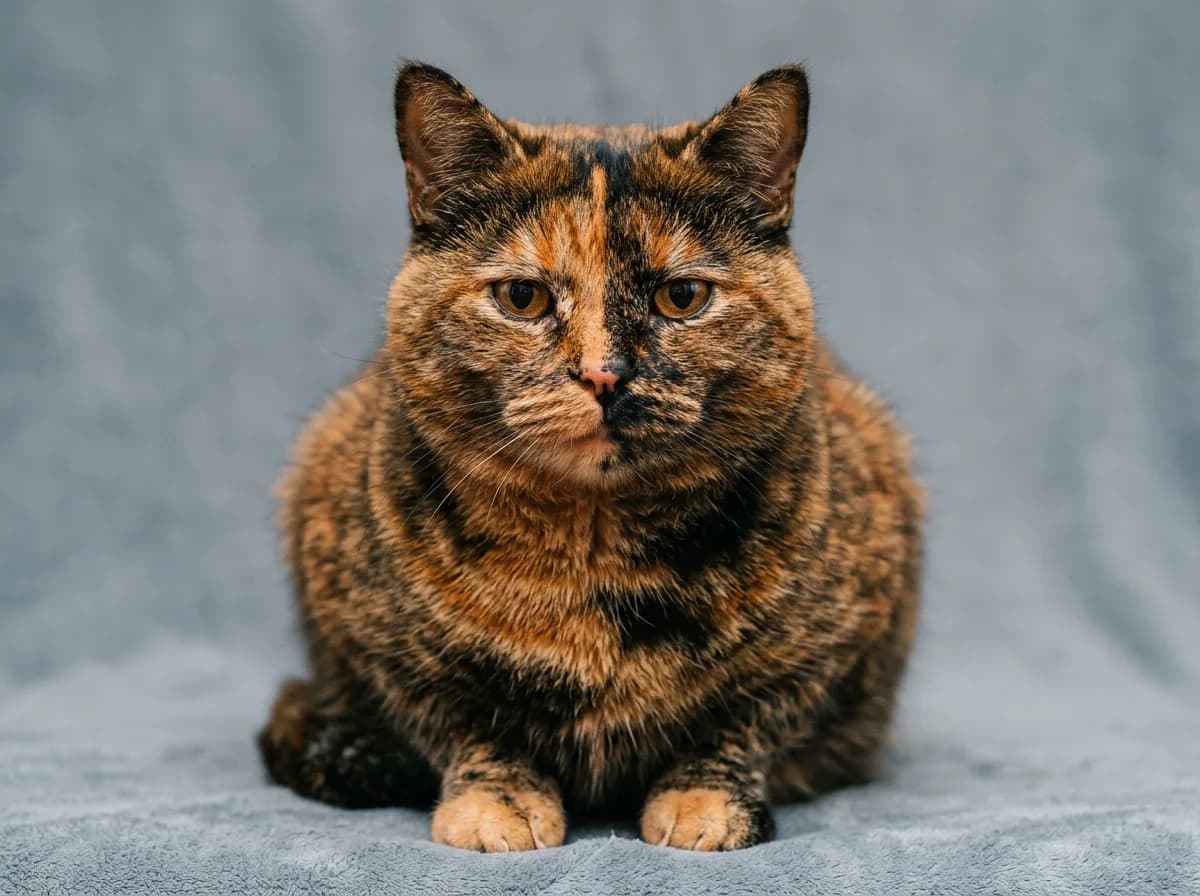 Portrait of a rare male tortoiseshell cat with mottled orange and black fur, looking calmly at the camera
