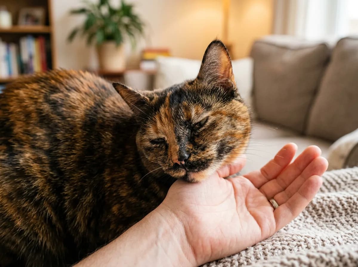 Tortoiseshell cat nuzzling and rubbing against a person's hand with a soft, content expression, showing affection on her own terms