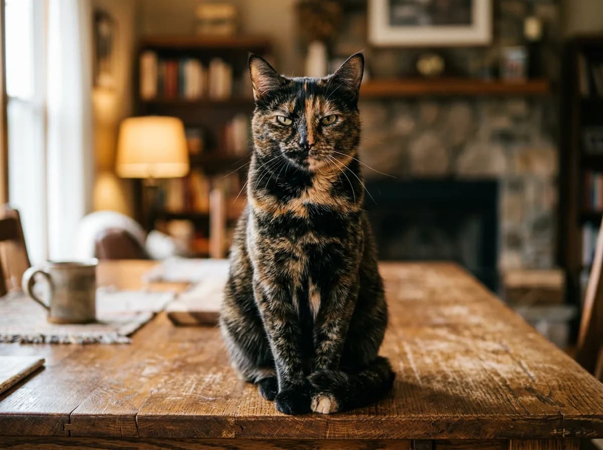 Tortoiseshell cat with a bold, slightly defiant expression and ears forward, capturing the feisty reputation behind tortitude