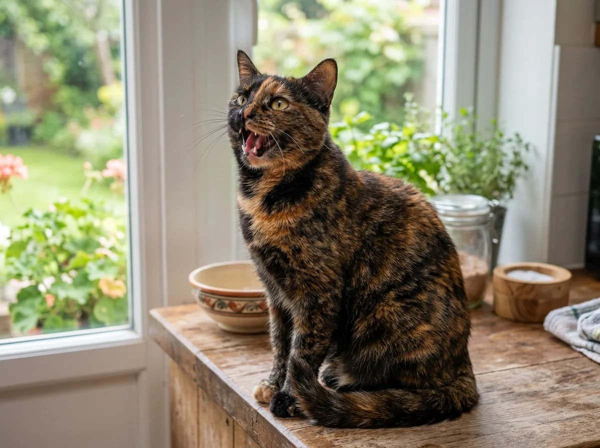 Brindled tortoiseshell cat mid-meow with mouth open, illustrating the vocal, chatty reputation