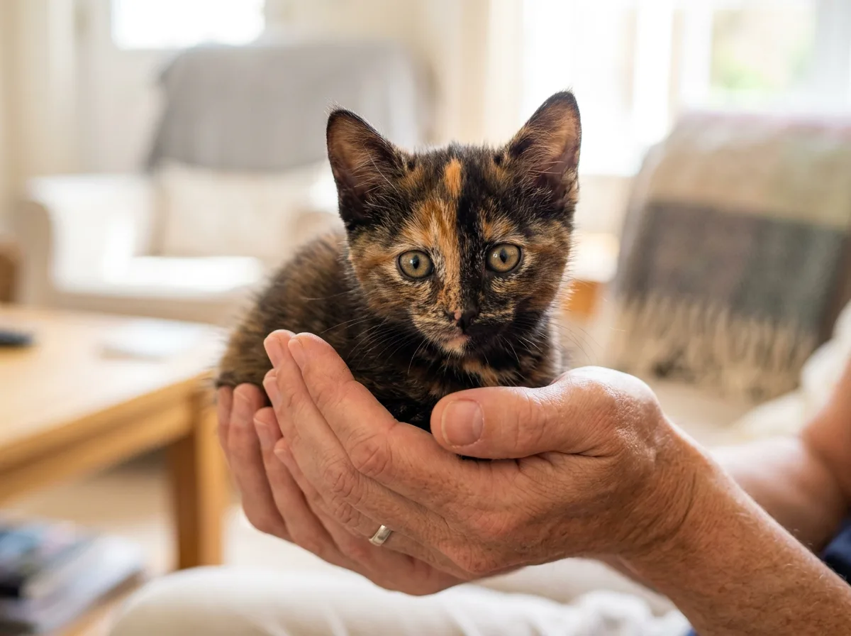 Young tortoiseshell kitten with brindled orange and black fur being gently held, illustrating the early socialization window