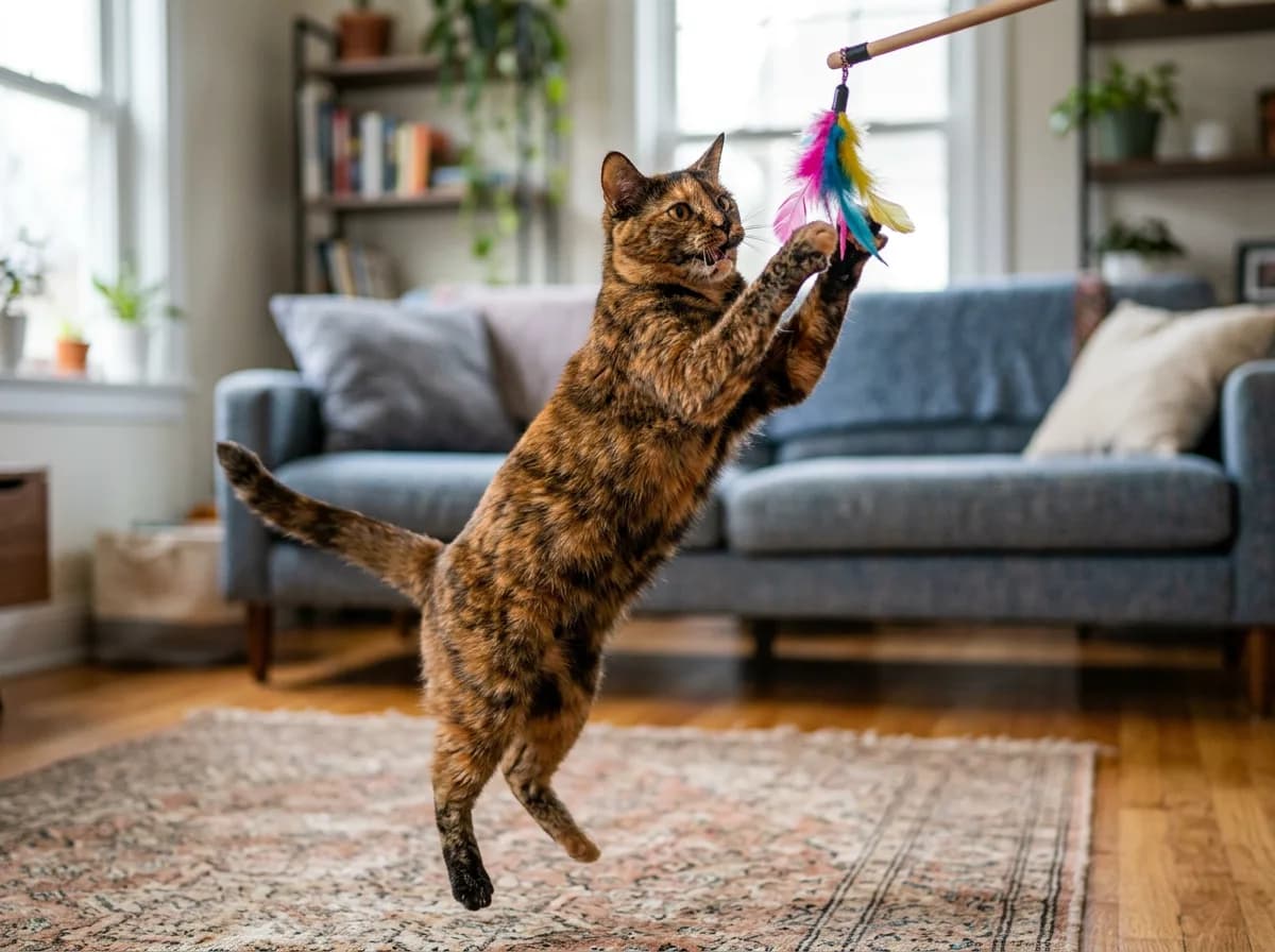 Tortoiseshell cat batting at a feather wand toy in a living room, illustrating enrichment and play