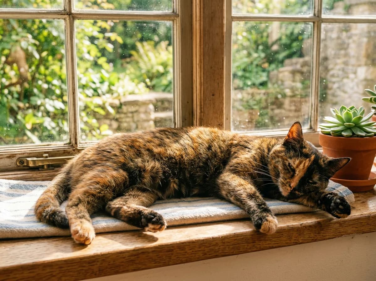 Relaxed tortoiseshell cat lying on a windowsill with a calm, half-closed-eye expression, showing the gentle side of the same coat