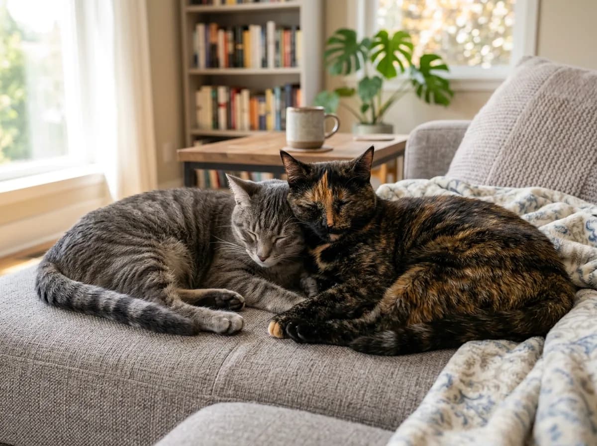 Tortoiseshell cat lounging peacefully beside another cat on a couch, illustrating multi-cat household compatibility