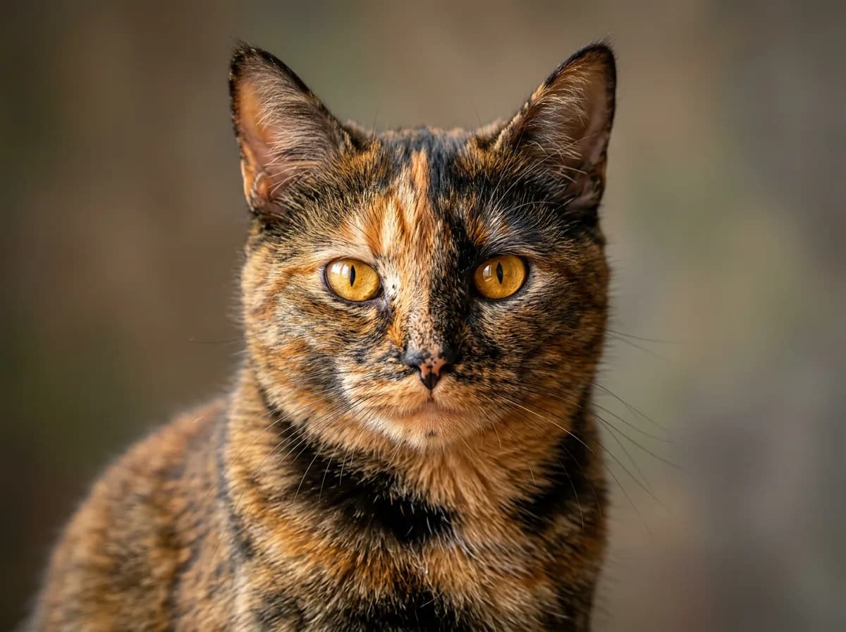 Close-up portrait of a brindled orange-and-black tortoiseshell cat with a confident, alert expression and amber eyes