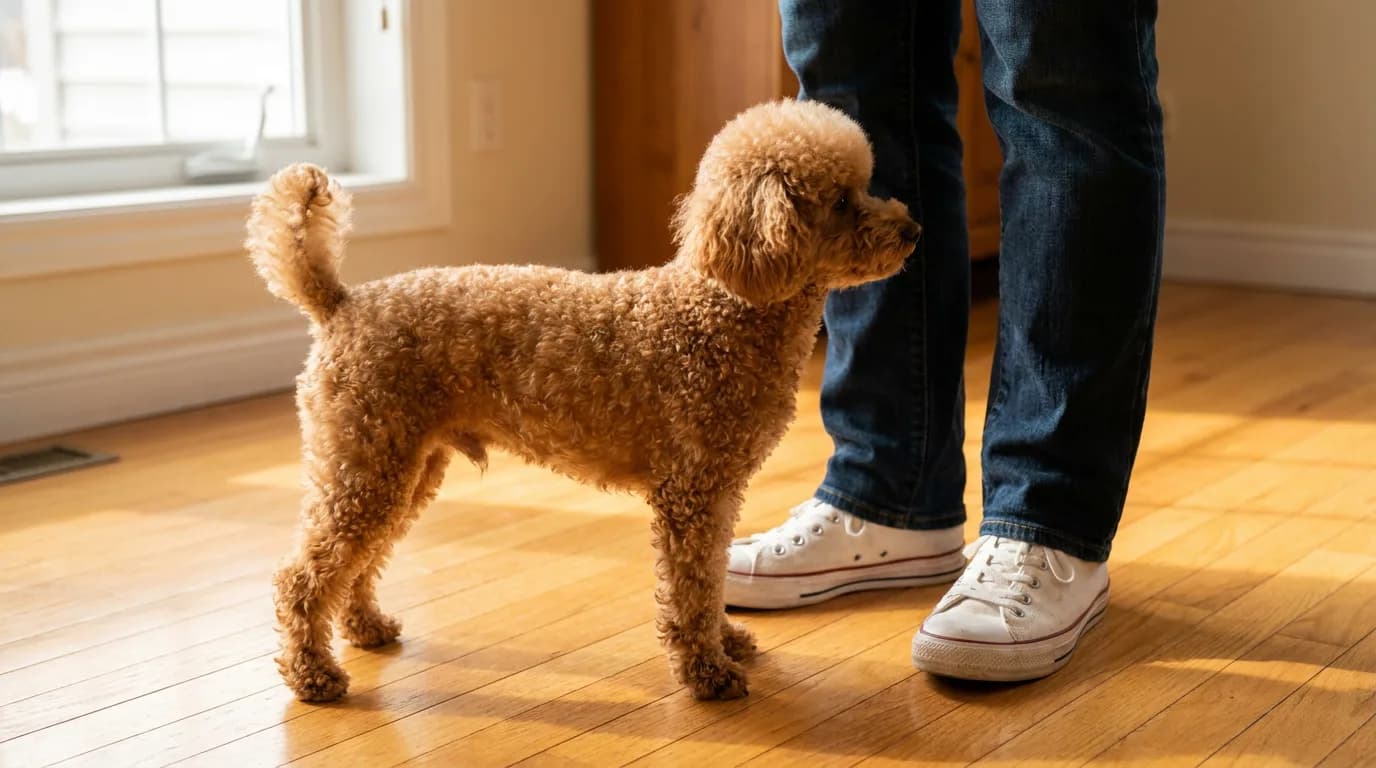 Apricot Toy Poodle with a curly coat standing beside its owner's sneakers on a sunlit wood floor